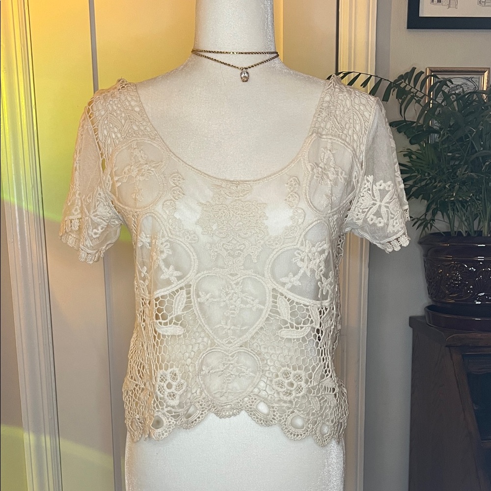 Poof! Cream Crochet Lace Scoop Neck Top